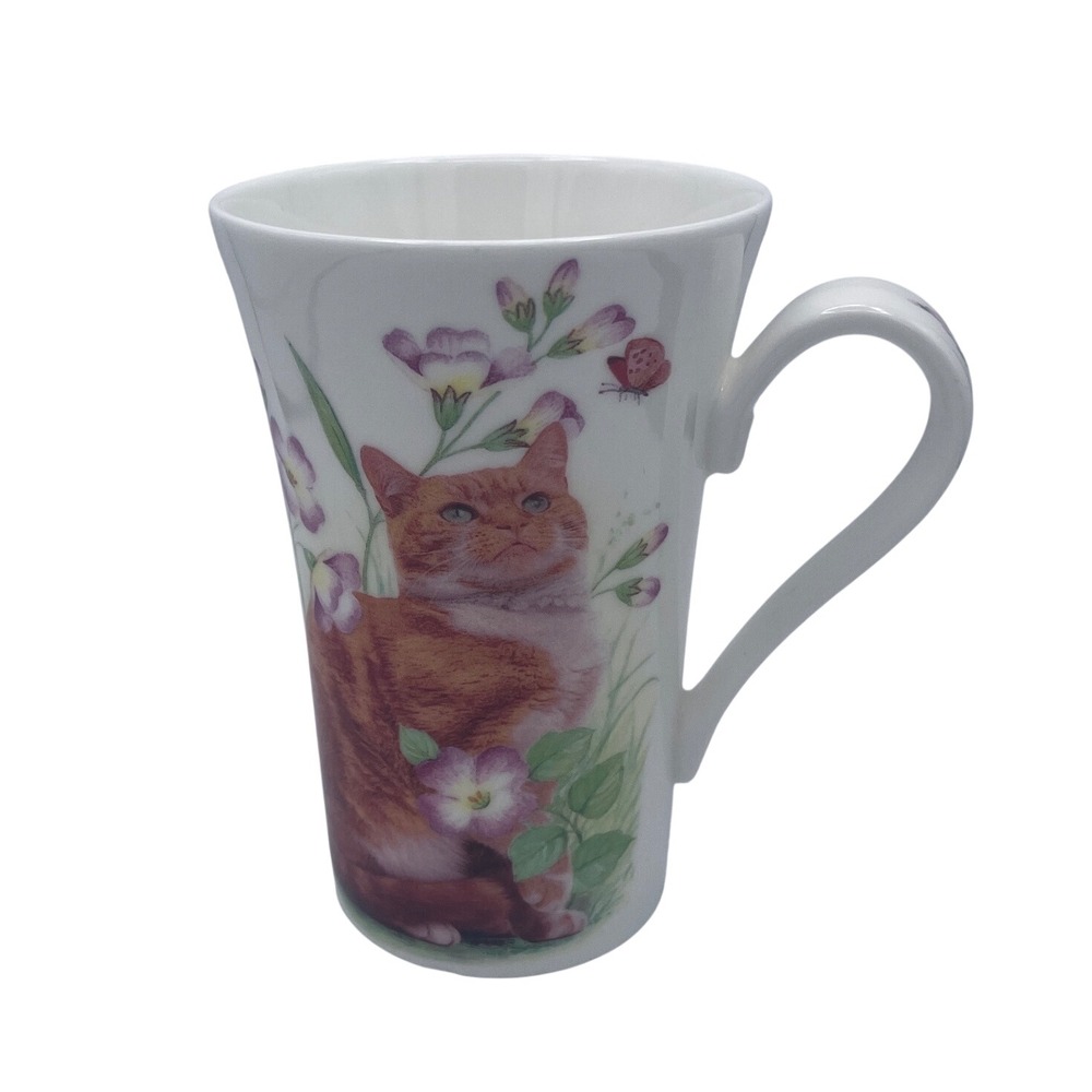 Roy Kirkham Just Cats Fine Bone China Mug England 2000 Ginger Tabby Floral Tall